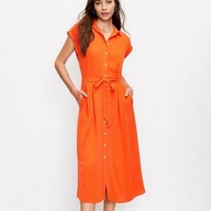 NWT Loft Gauze Midi Shirt Dress Size 4 Coral Orange Rayon Linen